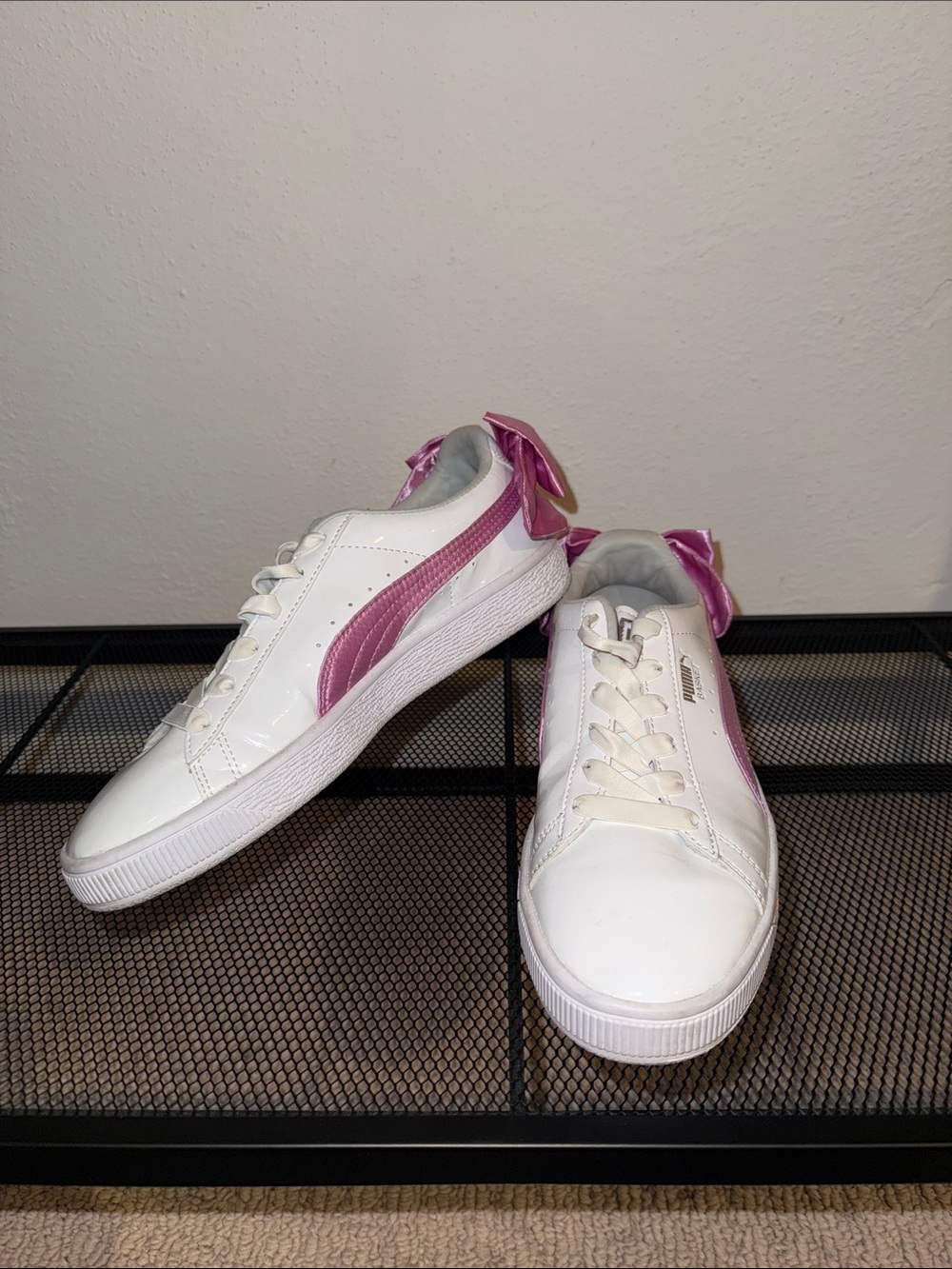 Puma White Sneakers with Pink Satin Bow